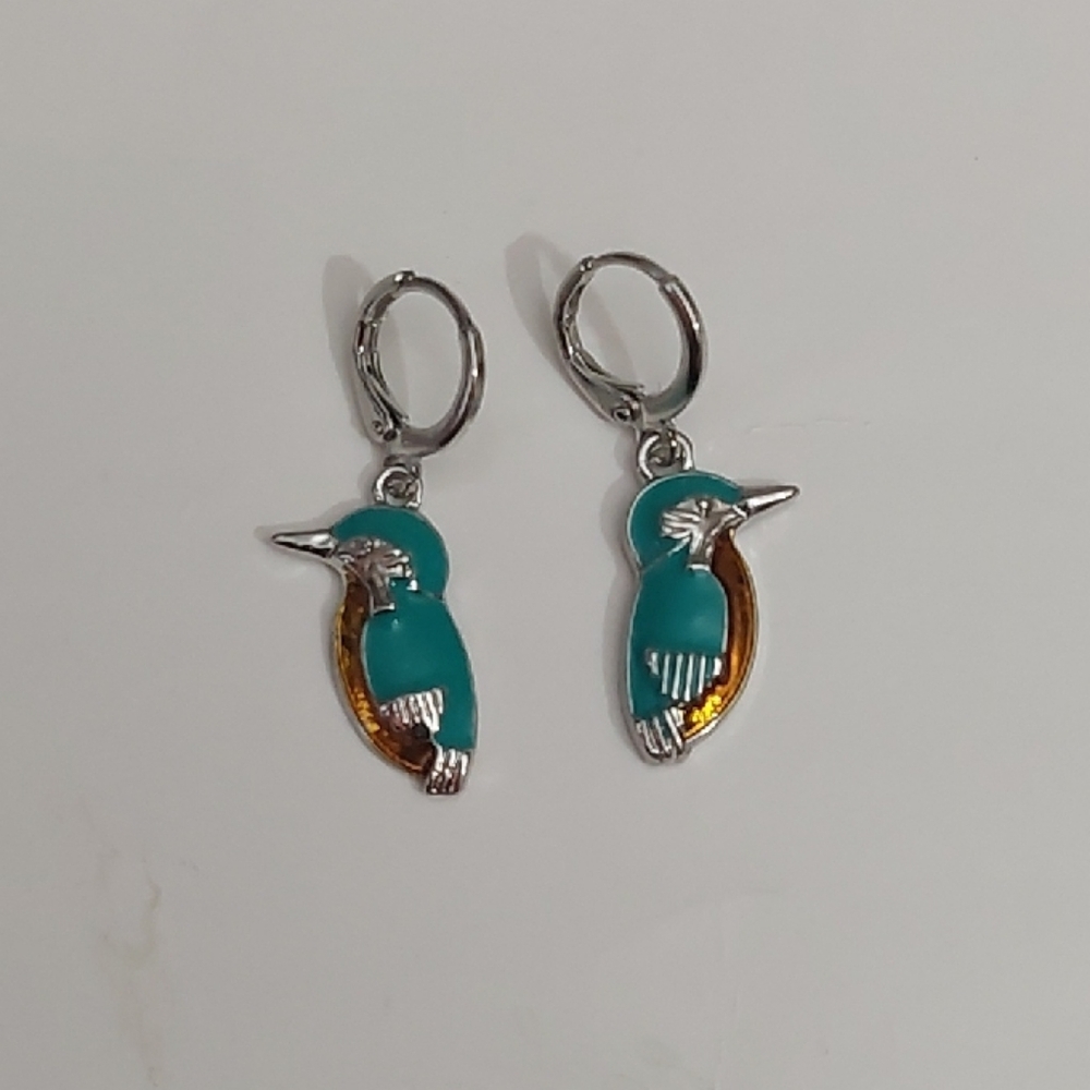 Multicolor Enameled Bird Silver Tone Dangle Earrings